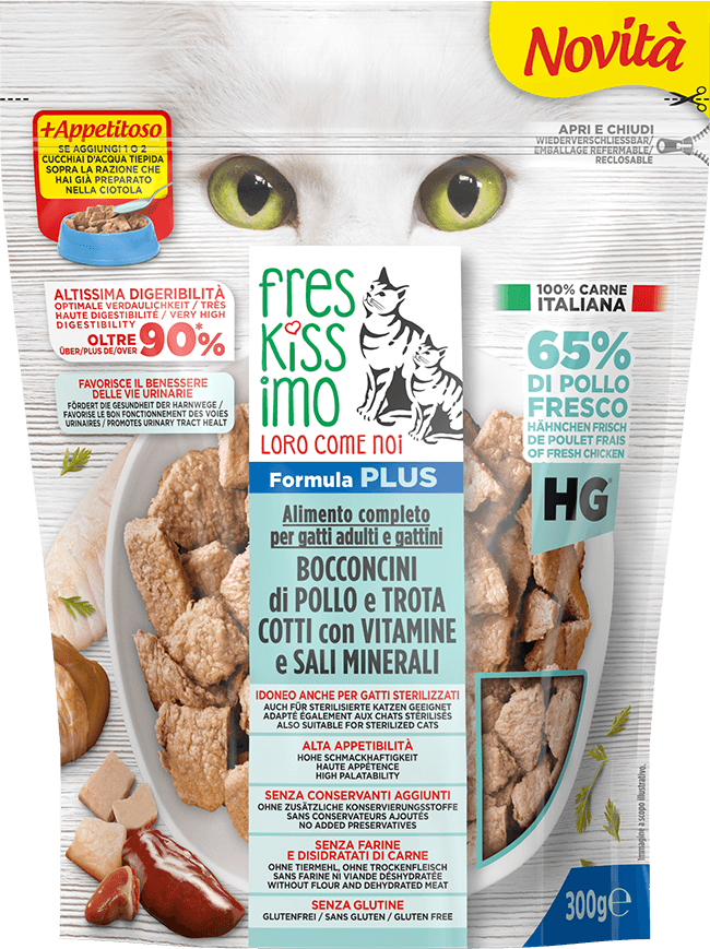 FRESKISSIMO Gatto Bocconcini di Pollo e Trota per Kitten, Adulti e Sterilizzati 300gr