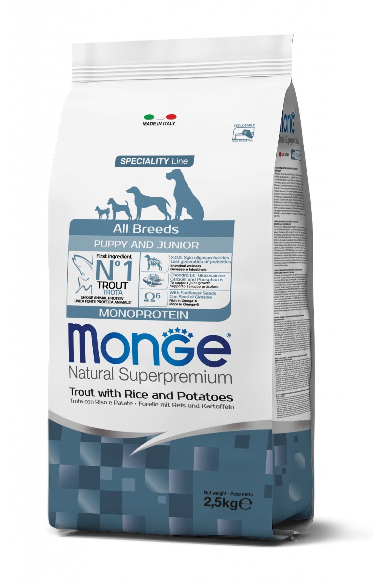 MONGE All Breeds Puppy&Junior Trota, Riso e Patate 12Kg