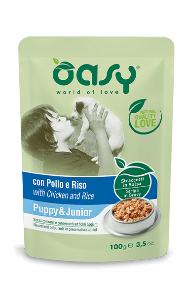 OASY Cane Puppy Straccetti in Salsa con Pollo e Riso 22x100Gr