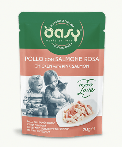 OASY Cat Natural Pollo con Salmone Rosa More Love brodo buste 24x70Gr