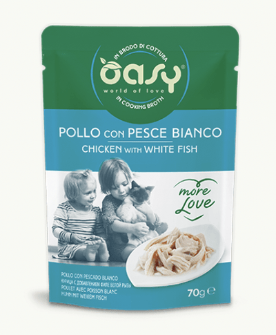 OASY Cat Natural Pollo con Pesce Bianco More Love brodo buste 24x70Gr