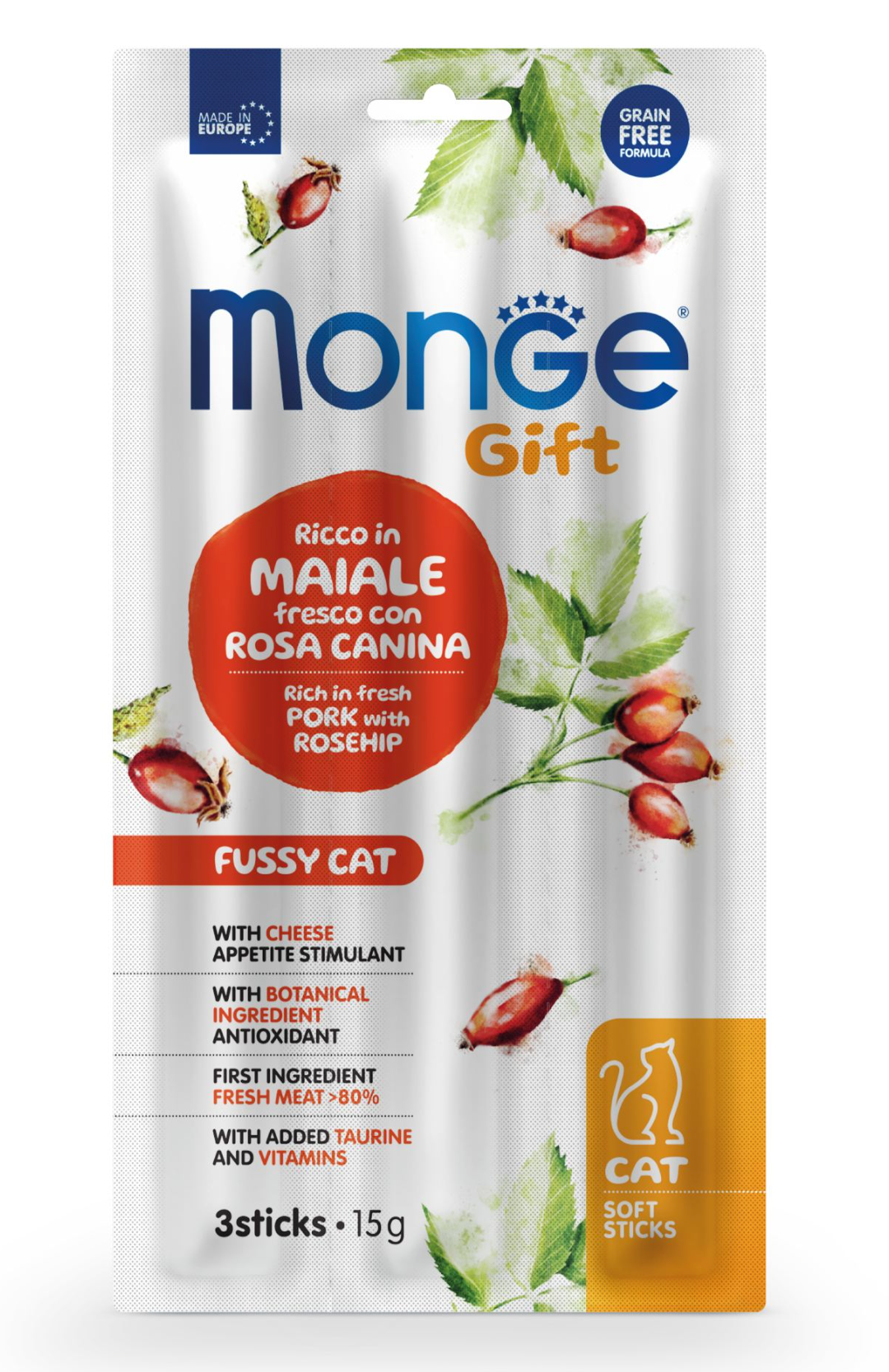 MONGE Cat Gift Stick Fussy Cat con Maiale e Rosa Canina 3x15Gr