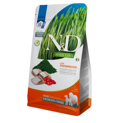 FARMINA N&D Cane Spirulina Monoprotein GF Medium/Maxi Adult - Aringa, Spirulina e Bacche di Goji 7Kg